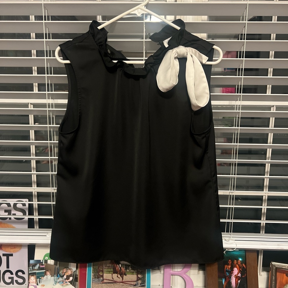 J.crew black satin blouse with ruffle & bow detailing 🎀